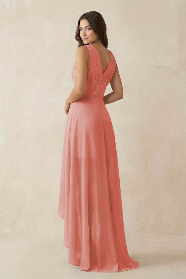 V - Neck High - Low Chiffon Bridesmaid Dress in Mulberry - KissProm Bridesmaid Dresses