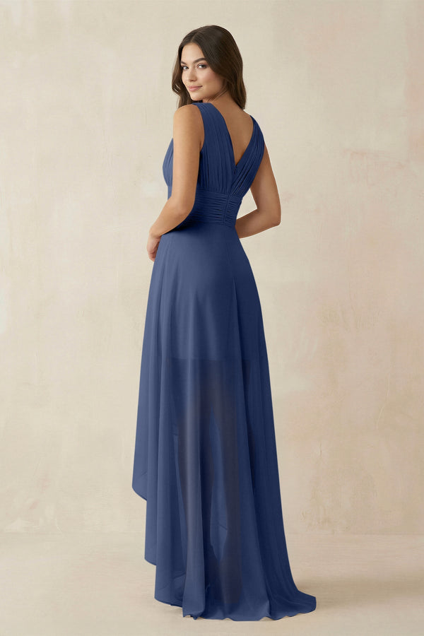 V - Neck High - Low Chiffon Bridesmaid Dress in Navy - KissProm Bridesmaid Dresses