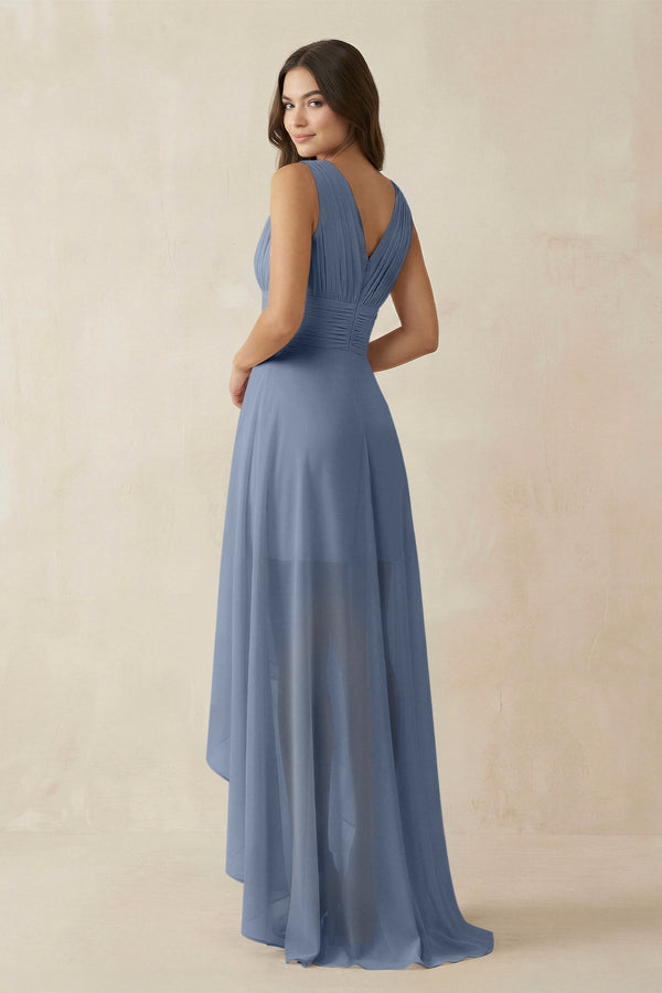V - Neck High - Low Chiffon Bridesmaid Dress in Neptune - KissProm Bridesmaid Dresses