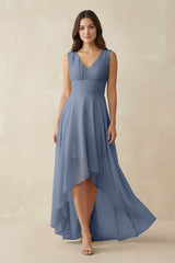 V - Neck High - Low Chiffon Bridesmaid Dress in Neptune - KissProm Bridesmaid Dresses