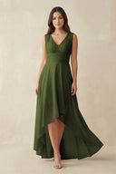 V - Neck High - Low Chiffon Bridesmaid Dress in Olive - KissProm Bridesmaid Dresses