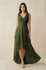 V - Neck High - Low Chiffon Bridesmaid Dress in Olive - KissProm Bridesmaid Dresses