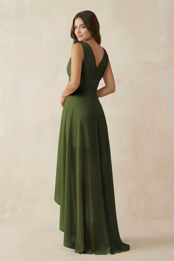 V - Neck High - Low Chiffon Bridesmaid Dress in Olive - KissProm Bridesmaid Dresses