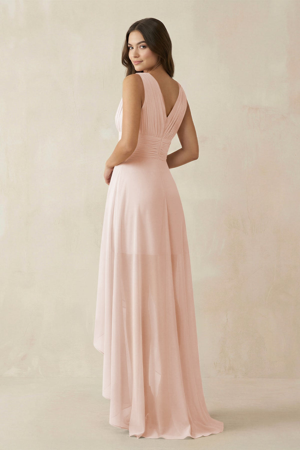 V - Neck High - Low Chiffon Bridesmaid Dress in Pale Blush - KissProm Bridesmaid Dresses