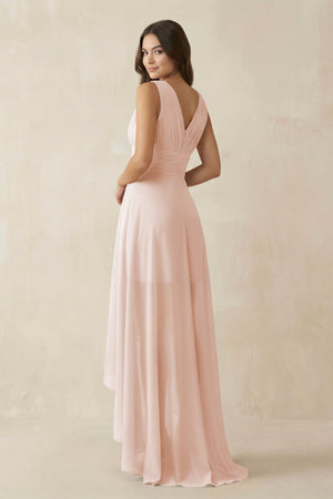 V - Neck High - Low Chiffon Bridesmaid Dress in Pale Blush - KissProm Bridesmaid Dresses