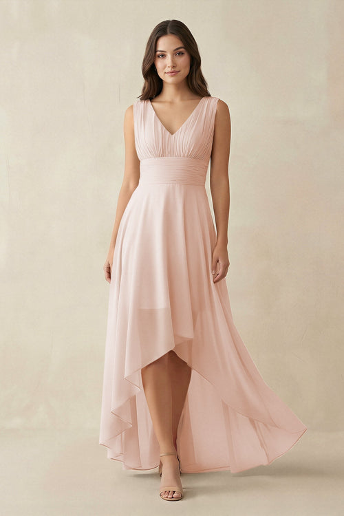 V - Neck High - Low Chiffon Bridesmaid Dress in Pale Blush - KissProm Bridesmaid Dresses