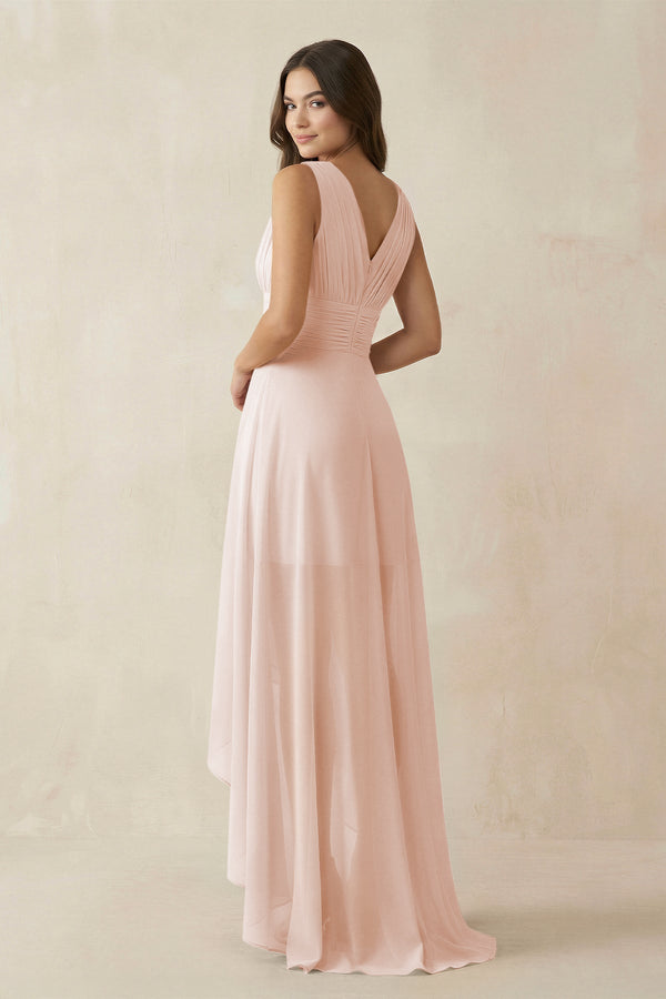 V - Neck High - Low Chiffon Bridesmaid Dress in Pale Blush - KissProm Bridesmaid Dresses