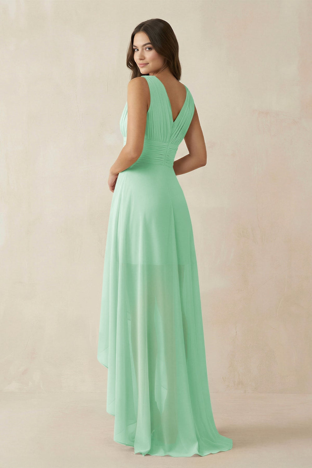 V - Neck High - Low Chiffon Bridesmaid Dress in Pale Pistachio - KissProm Bridesmaid Dresses