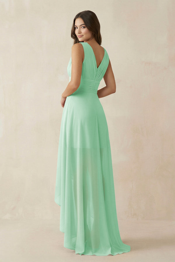 V - Neck High - Low Chiffon Bridesmaid Dress in Pale Pistachio - KissProm Bridesmaid Dresses