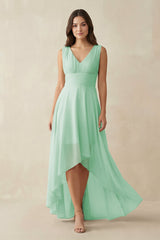 V - Neck High - Low Chiffon Bridesmaid Dress in Pale Pistachio - KissProm Bridesmaid Dresses