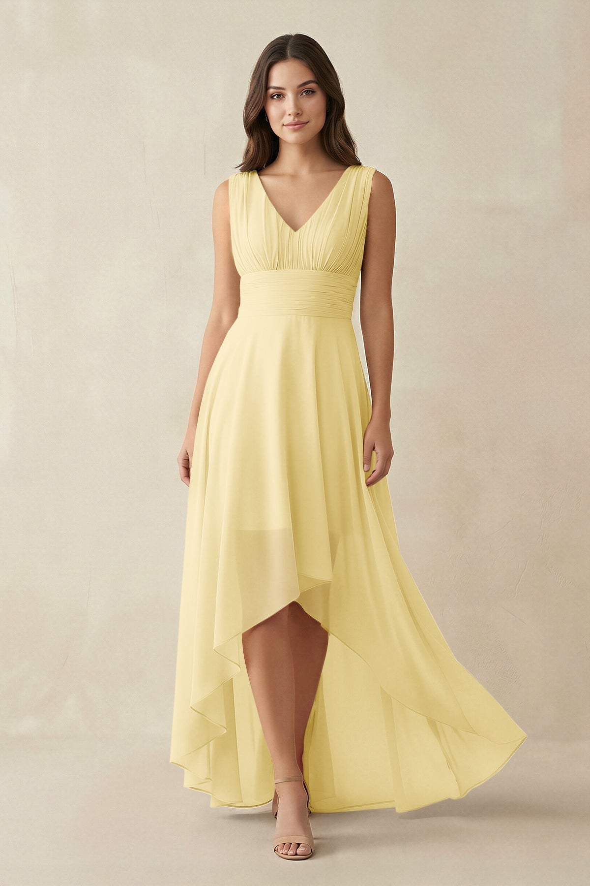 KissProm V-Neck High-Low Chiffon Bridesmaid Dress in Pastel Yellow, Pastel Yellow / 10