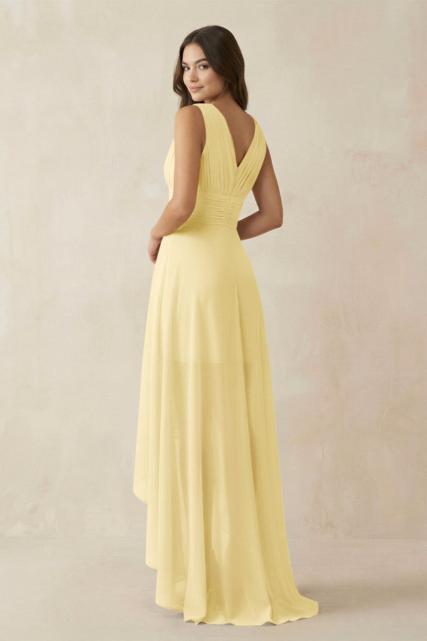 V - Neck High - Low Chiffon Bridesmaid Dress in Pastel Yellow - KissProm Bridesmaid Dresses