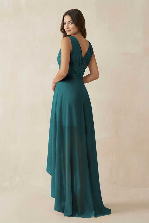 V - Neck High - Low Chiffon Bridesmaid Dress in Pine - KissProm Bridesmaid Dresses