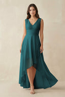 V - Neck High - Low Chiffon Bridesmaid Dress in Pine - KissProm Bridesmaid Dresses