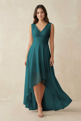 V - Neck High - Low Chiffon Bridesmaid Dress in Pine - KissProm Bridesmaid Dresses