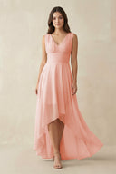 V - Neck High - Low Chiffon Bridesmaid Dress in Rose Petal - KissProm Bridesmaid Dresses