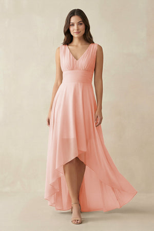 V - Neck High - Low Chiffon Bridesmaid Dress in Rose Petal - KissProm Bridesmaid Dresses