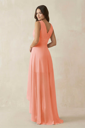 V - Neck High - Low Chiffon Bridesmaid Dress in Rosette - KissProm Bridesmaid Dresses