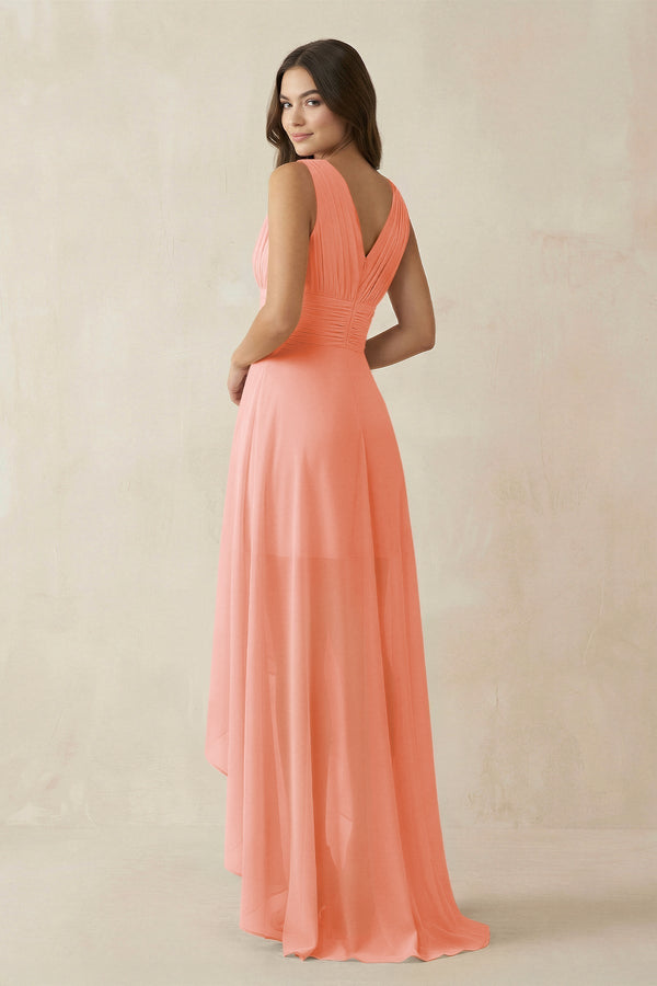 V - Neck High - Low Chiffon Bridesmaid Dress in Rosette - KissProm Bridesmaid Dresses