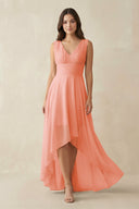 V - Neck High - Low Chiffon Bridesmaid Dress in Rosette - KissProm Bridesmaid Dresses