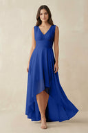 V - Neck High - Low Chiffon Bridesmaid Dress in Royal Blue - KissProm Bridesmaid Dresses