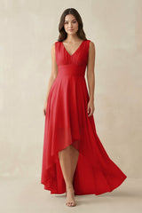 V - Neck High - Low Chiffon Bridesmaid Dress in Ruby Red - KissProm Bridesmaid Dresses