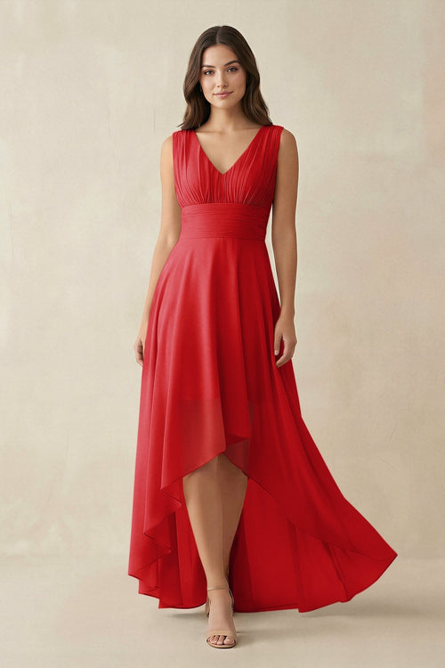 V - Neck High - Low Chiffon Bridesmaid Dress in Ruby Red - KissProm Bridesmaid Dresses