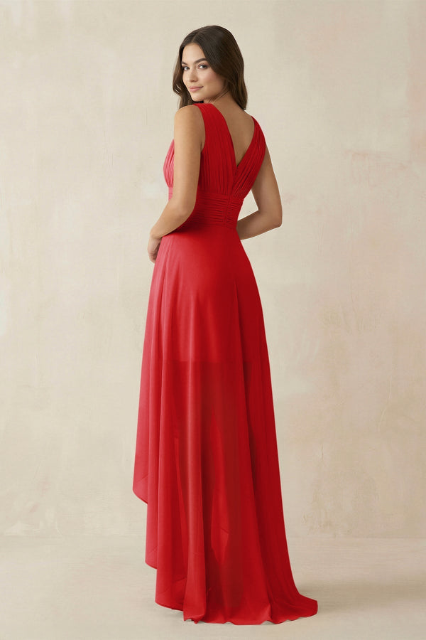 V - Neck High - Low Chiffon Bridesmaid Dress in Ruby Red - KissProm Bridesmaid Dresses