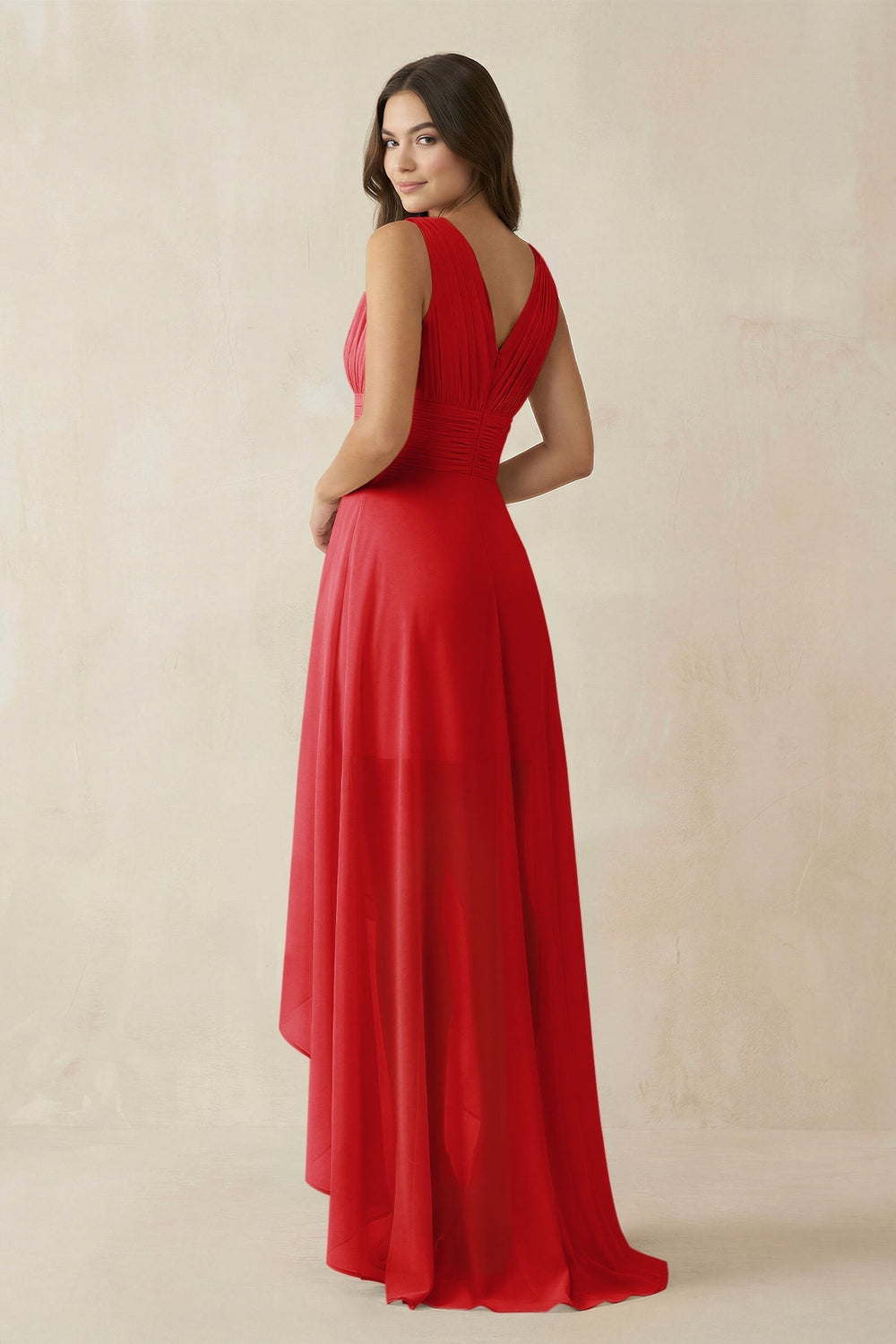 V - Neck High - Low Chiffon Bridesmaid Dress in Ruby Red - KissProm Bridesmaid Dresses
