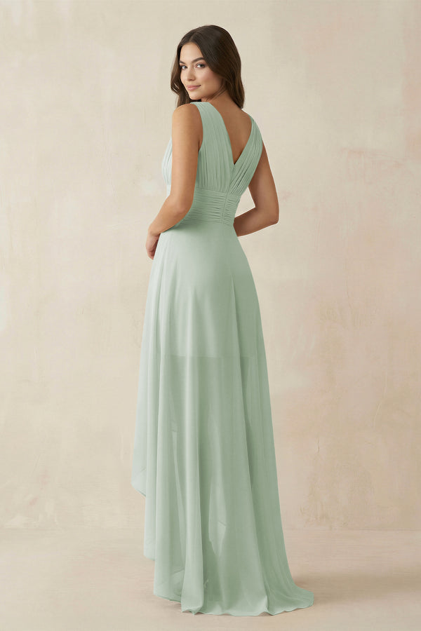 V - Neck High - Low Chiffon Bridesmaid Dress in Sage - KissProm Bridesmaid Dresses
