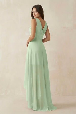 V - Neck High - Low Chiffon Bridesmaid Dress in Sage - KissProm Bridesmaid Dresses