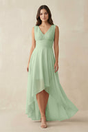 V - Neck High - Low Chiffon Bridesmaid Dress in Sage - KissProm Bridesmaid Dresses