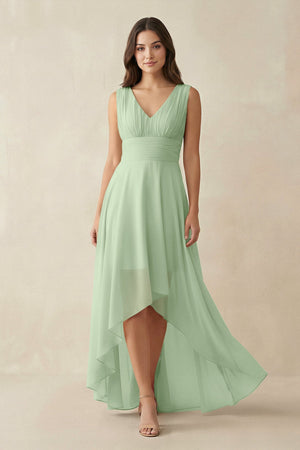 V - Neck High - Low Chiffon Bridesmaid Dress in Sage - KissProm Bridesmaid Dresses
