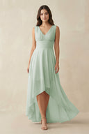 V - Neck High - Low Chiffon Bridesmaid Dress in Sage - KissProm Bridesmaid Dresses