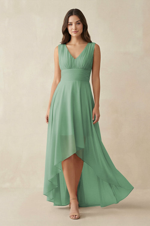 V - Neck High - Low Chiffon Bridesmaid Dress in Sea Glass - KissProm Bridesmaid Dresses