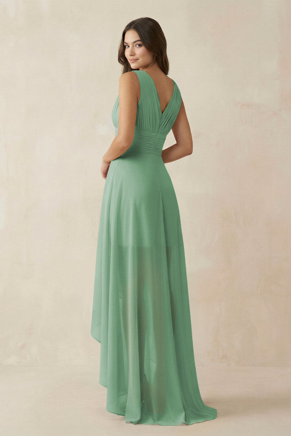 V - Neck High - Low Chiffon Bridesmaid Dress in Sea Glass - KissProm Bridesmaid Dresses