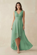 V - Neck High - Low Chiffon Bridesmaid Dress in Sea Glass - KissProm Bridesmaid Dresses