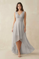 V - Neck High - Low Chiffon Bridesmaid Dress in Silver - KissProm Bridesmaid Dresses