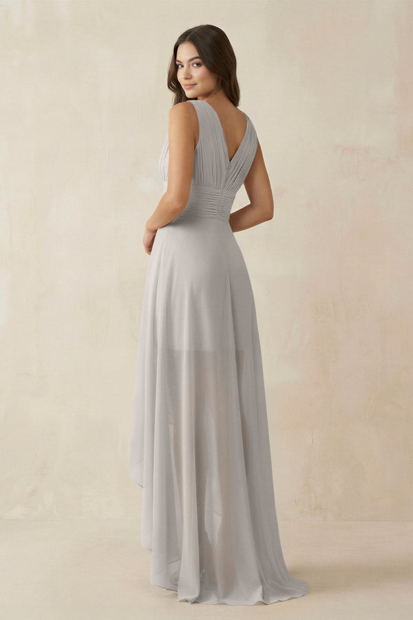 V - Neck High - Low Chiffon Bridesmaid Dress in Silver - KissProm Bridesmaid Dresses