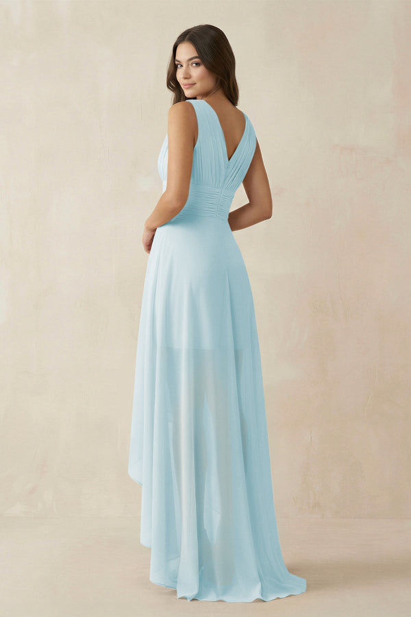 V - Neck High - Low Chiffon Bridesmaid Dress in Sky Blue - KissProm Bridesmaid Dresses