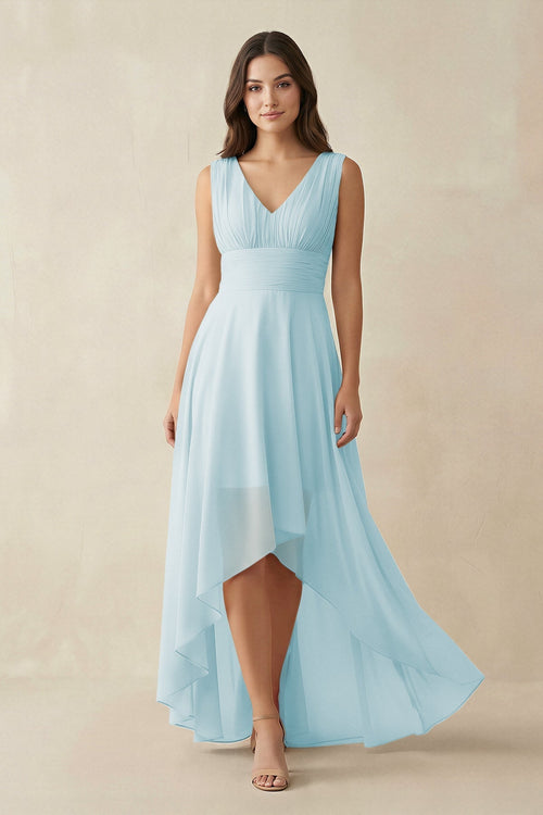 V - Neck High - Low Chiffon Bridesmaid Dress in Sky Blue - KissProm Bridesmaid Dresses