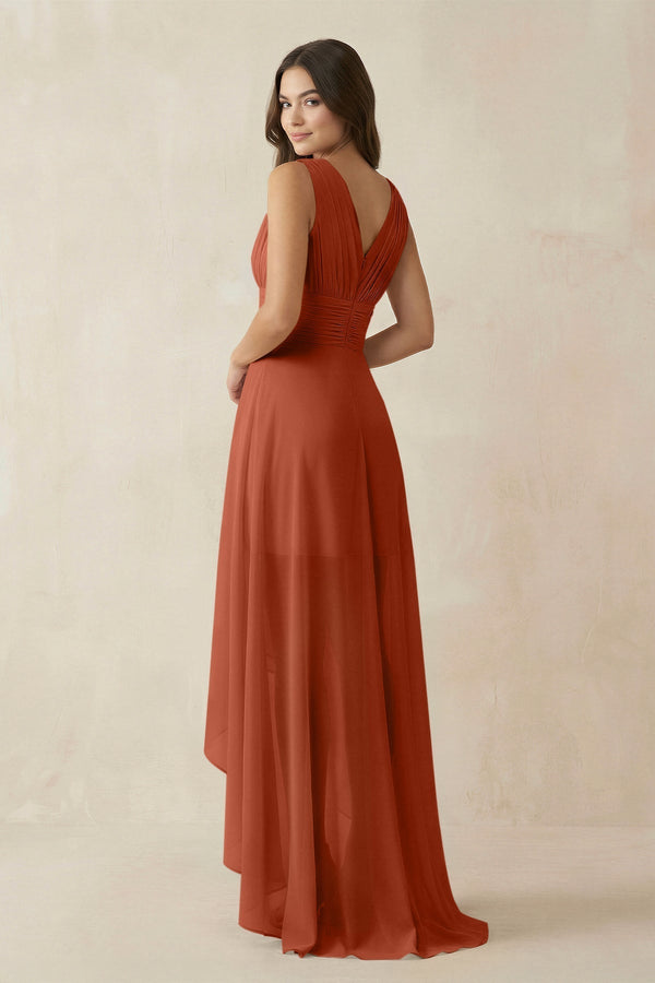 V - Neck High - Low Chiffon Bridesmaid Dress in Spice - KissProm Bridesmaid Dresses