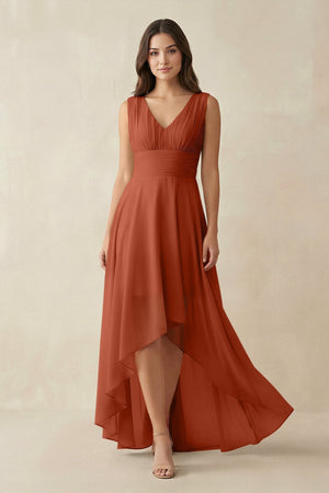 V - Neck High - Low Chiffon Bridesmaid Dress in Spice - KissProm Bridesmaid Dresses