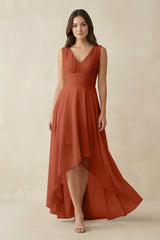 V - Neck High - Low Chiffon Bridesmaid Dress in Spice - KissProm Bridesmaid Dresses