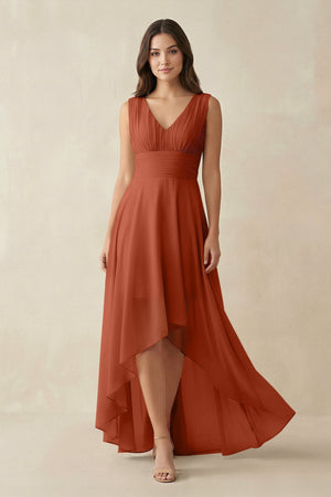 V - Neck High - Low Chiffon Bridesmaid Dress in Spice - KissProm Bridesmaid Dresses