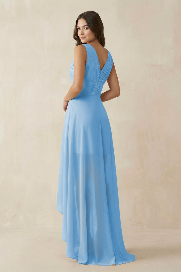 V - Neck High - Low Chiffon Bridesmaid Dress in Steel Blue - KissProm Bridesmaid Dresses