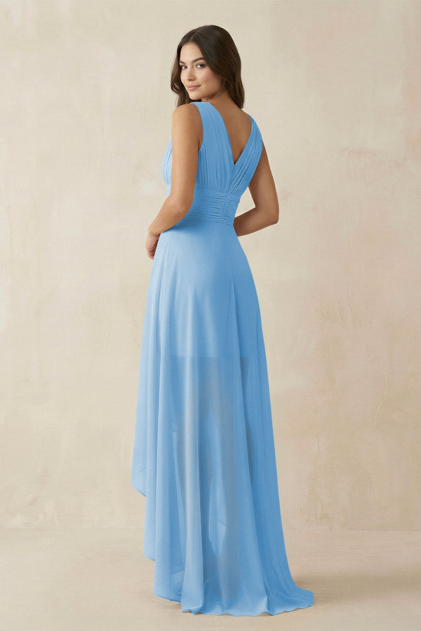 V - Neck High - Low Chiffon Bridesmaid Dress in Steel Blue - KissProm Bridesmaid Dresses
