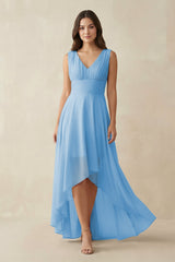 V - Neck High - Low Chiffon Bridesmaid Dress in Steel Blue - KissProm Bridesmaid Dresses