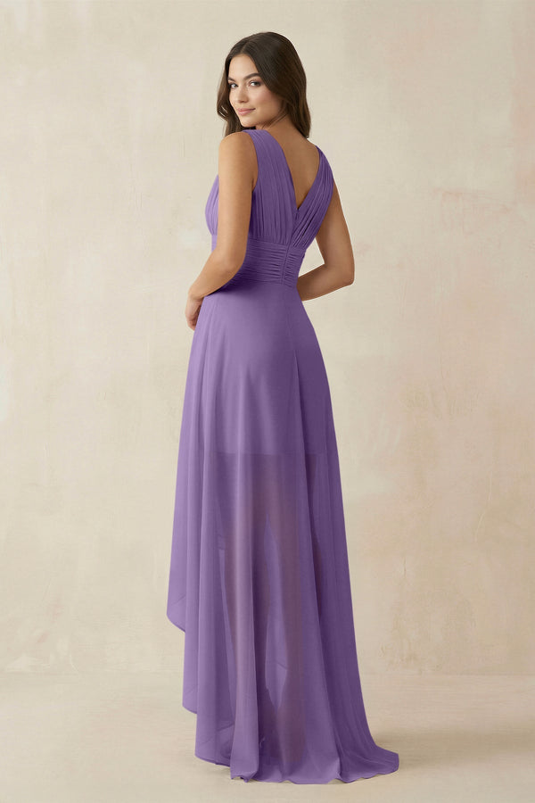 V - Neck High - Low Chiffon Bridesmaid Dress in Tahiti - KissProm Bridesmaid Dresses