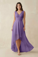 V - Neck High - Low Chiffon Bridesmaid Dress in Tahiti - KissProm Bridesmaid Dresses
